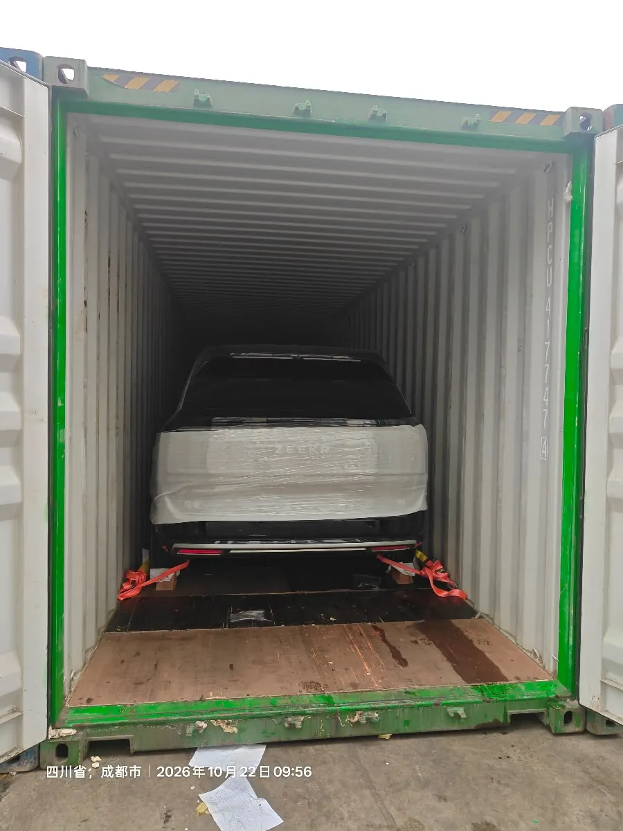 Eigenes Foto: ein weiteres Fahrzeug, eingepackt und verzurrt im offenen Container